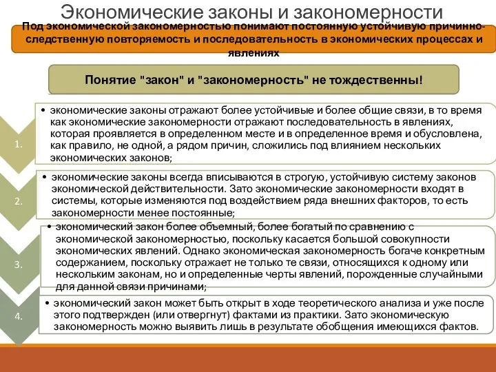 Экономические законы и закономерности Под экономической закономерностью понимают постоянную устойчивую причинно-следственную