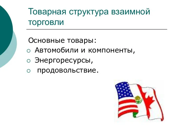 Товарная структура взаимной торговли Основные товары: Автомобили и компоненты, Энергоресурсы, продовольствие.