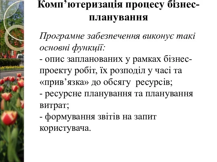 Програмне забезпечення виконує такі основні функції: - опис запланованих у рамках