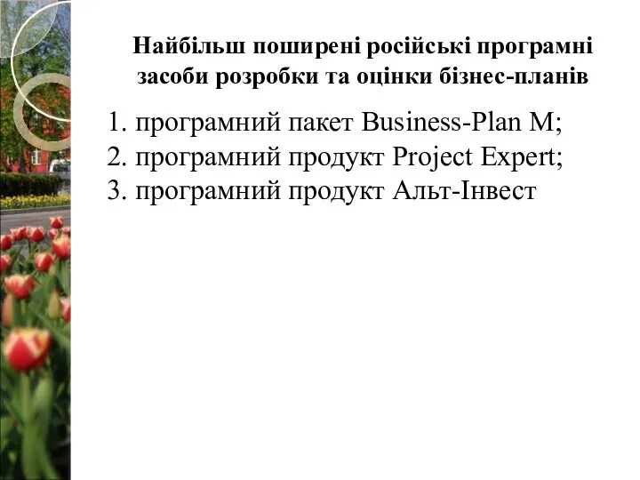 Найбільш поширені російські програмні засоби розробки та оцінки бізнес-планів 1. програмний