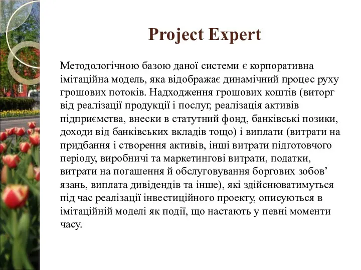 Project Expert Методологічною базою даної системи є корпоративна імітаційна модель, яка