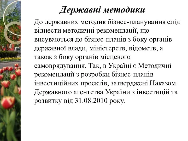 До державних методик бізнес-планування слід віднести методичні рекомендації, що висуваються до