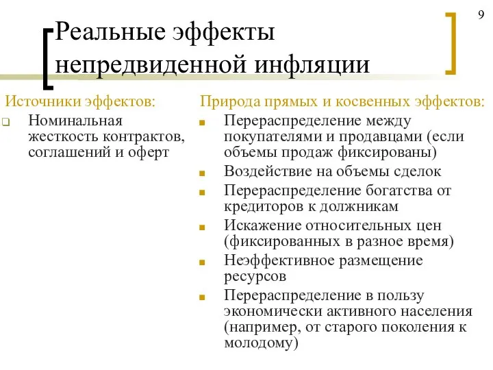 Реальные эффекты непредвиденной инфляции Природа прямых и косвенных эффектов: Перераспределение между