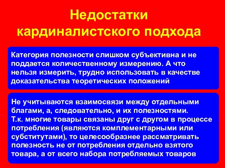 Недостатки кардиналистского подхода Категория полезности слишком субъективна и не поддается количественному