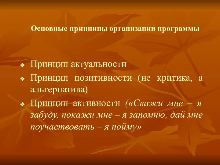 Основные принципы организации программы Принцип актуальности Принцип позитивности (не критика, а