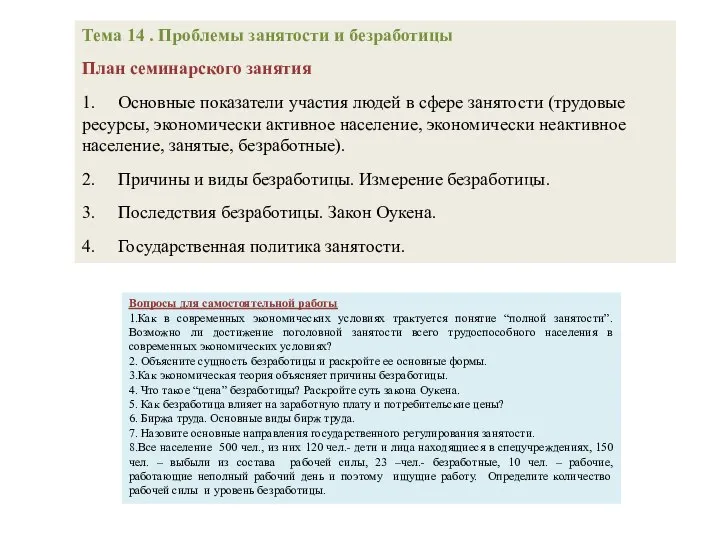 Тема 14 . Проблемы занятости и безработицы План семинарского занятия 1.