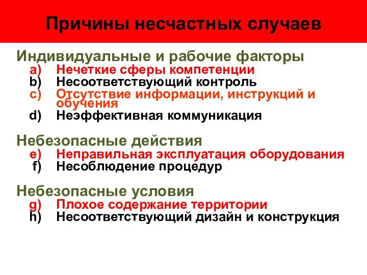 Причины несчастных случаев Индивидуальные и рабочие факторы Нечеткие сферы компетенции Несоответствующий