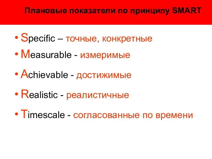 Плановые показатели по принципу SMART Specific – точные, конкретные Measurable -