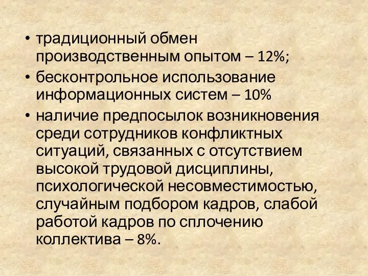 традиционный обмен производственным опытом – 12%; бесконтрольное использование информационных систем –