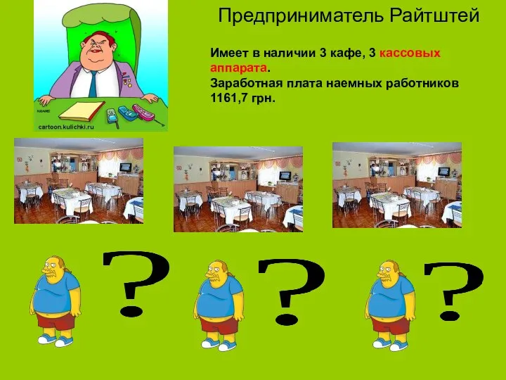 Предприниматель Райтштей Имеет в наличии 3 кафе, 3 кассовых аппарата. Заработная плата наемных работников 1161,7 грн.