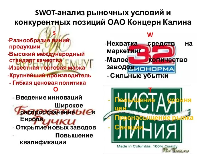 SWOT-анализ рыночных условий и конкурентных позиций ОАО Концерн Калина S Разнообразие