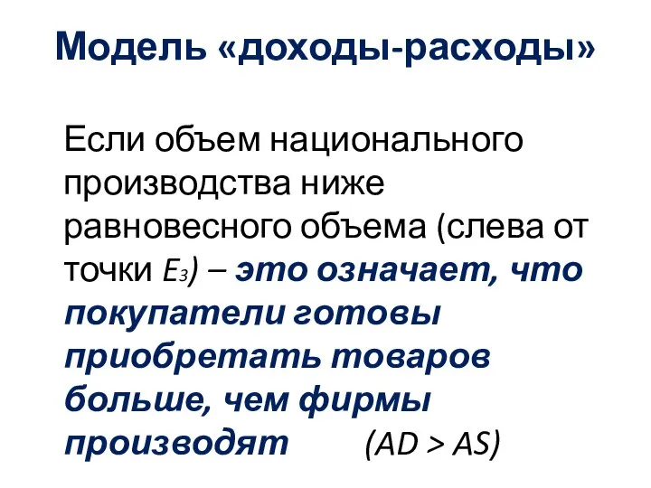 Модель «доходы-расходы» Если объем национального производства ниже равновесного объема (слева от