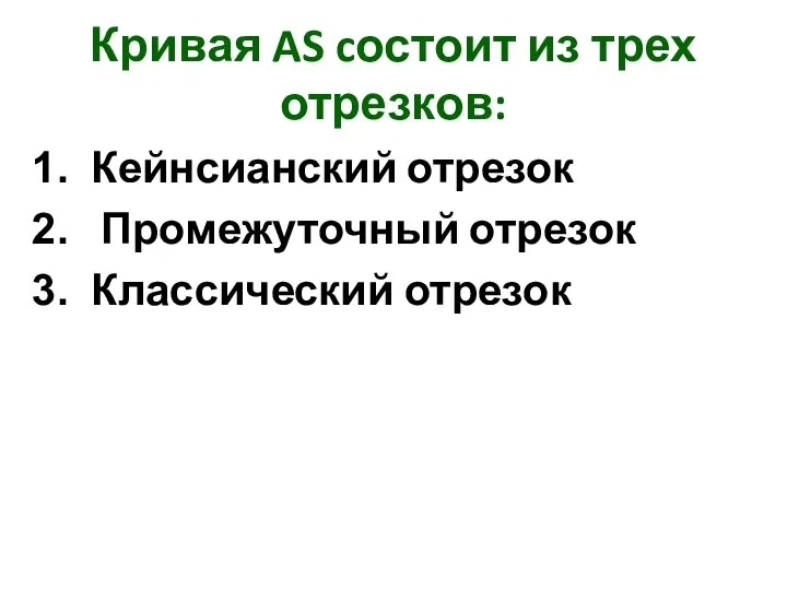 Кривая AS cостоит из трех отрезков: Кейнсианский отрезок Промежуточный отрезок Классический отрезок