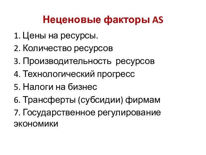 Неценовые факторы AS 1. Цены на ресурсы. 2. Количество ресурсов 3.