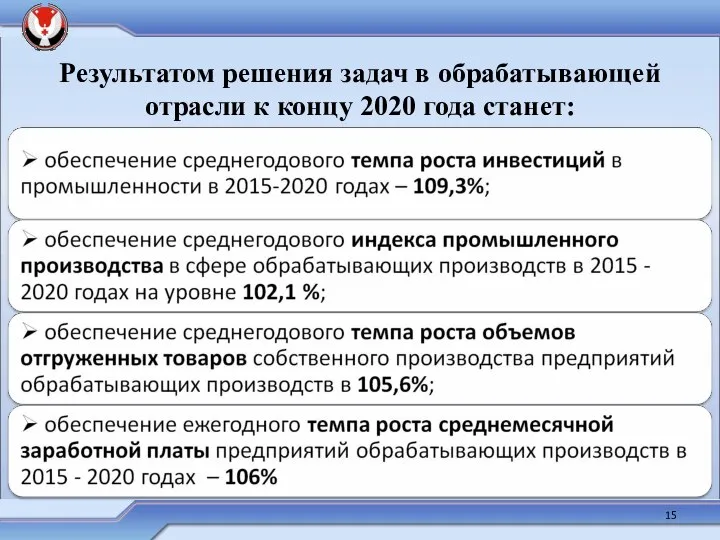 Результатом решения задач в обрабатывающей отрасли к концу 2020 года станет: