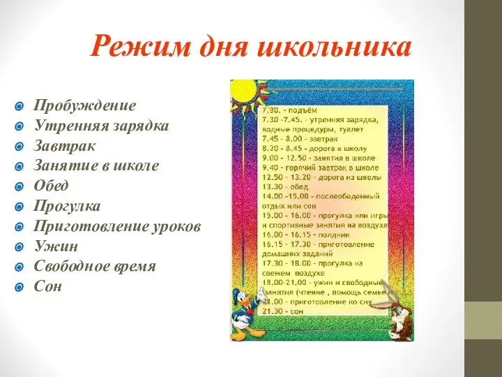 Режим дня школьника Пробуждение Утренняя зарядка Завтрак Занятие в школе Обед