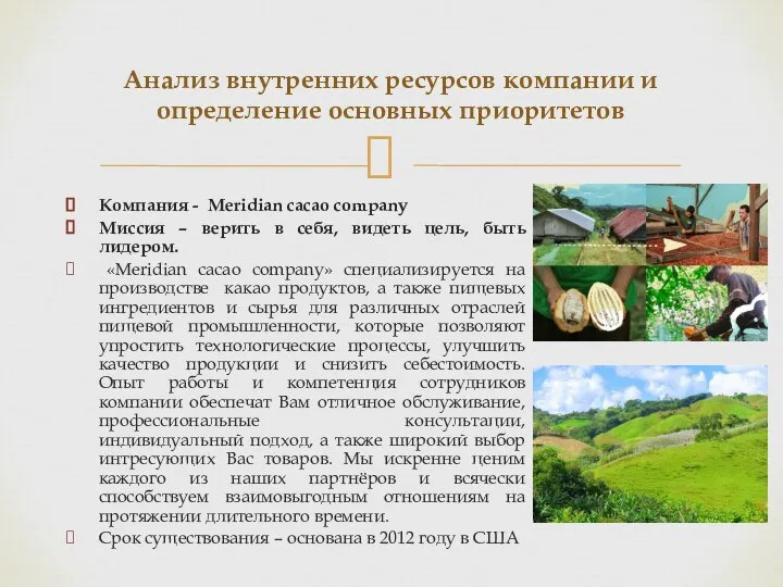 Компания - Meridian cacao company Миссия – верить в себя, видеть