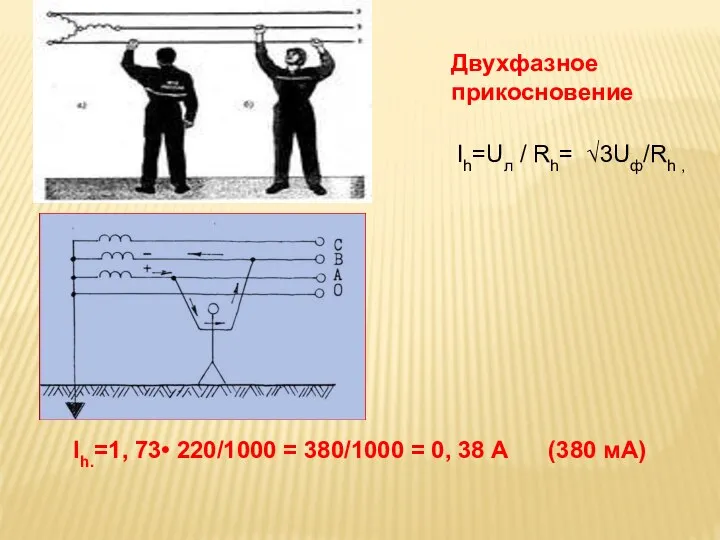 Двухфазное прикосновение Ih=Uл / Rh= √3Uф/Rh , Ih.=1, 73• 220/1000 =