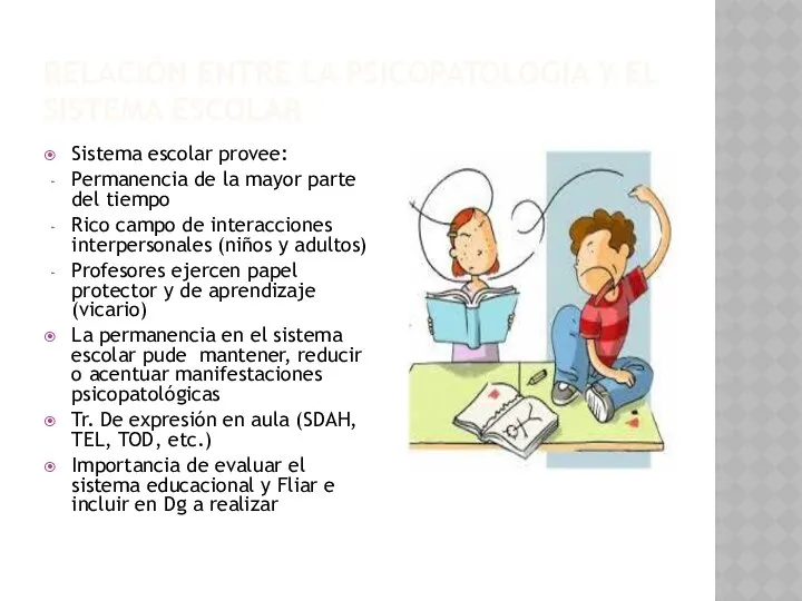 RELACIÓN ENTRE LA PSICOPATOLOGÍA Y EL SISTEMA ESCOLAR Sistema escolar provee: