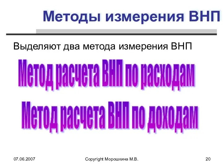 07.06.2007 Copyright Морошкина М.В. Методы измерения ВНП Выделяют два метода измерения