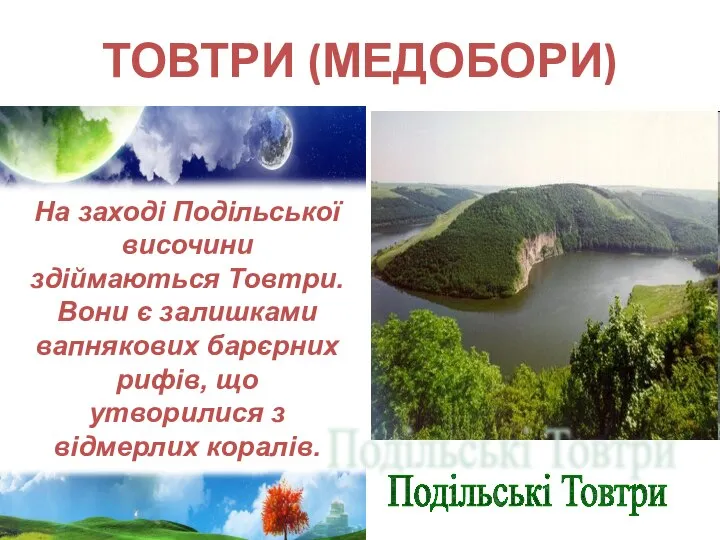 ТОВТРИ (МЕДОБОРИ) На заході Подільської височини здіймаються Товтри. Вони є залишками