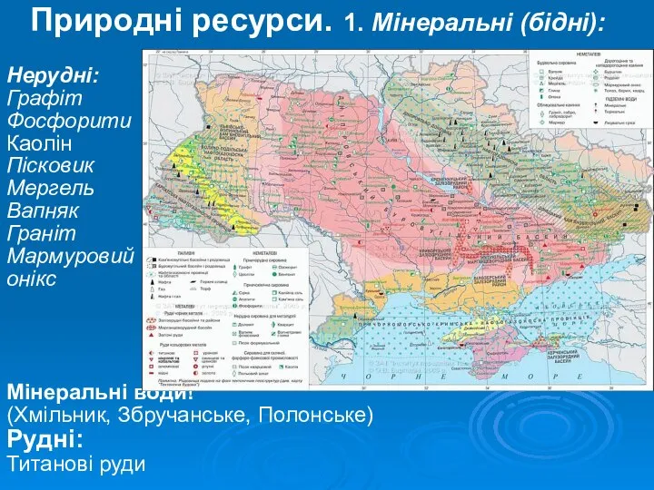 Природні ресурси. 1. Мінеральні (бідні): Нерудні: Графіт Фосфорити Каолін Пісковик Мергель