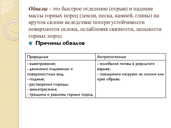 Обвалы - это быстрое отделение (отрыв) и падение массы горных пород