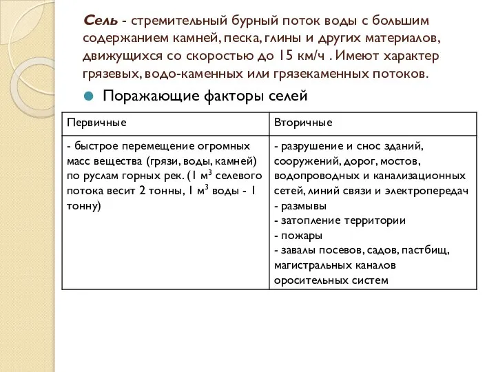 Сель - стремительный бурный поток воды с большим содержанием камней, песка,