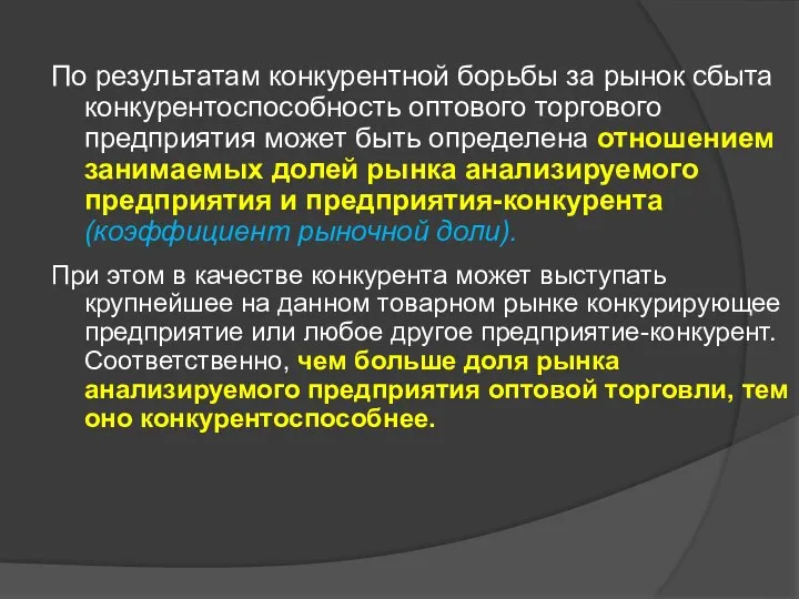 По результатам конкурентной борьбы за рынок сбыта конкурентоспособность оптового торгового предприятия