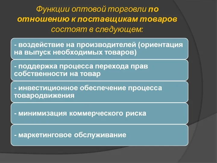 Функции оптовой торговли по отношению к поставщикам товаров состоят в следующем: