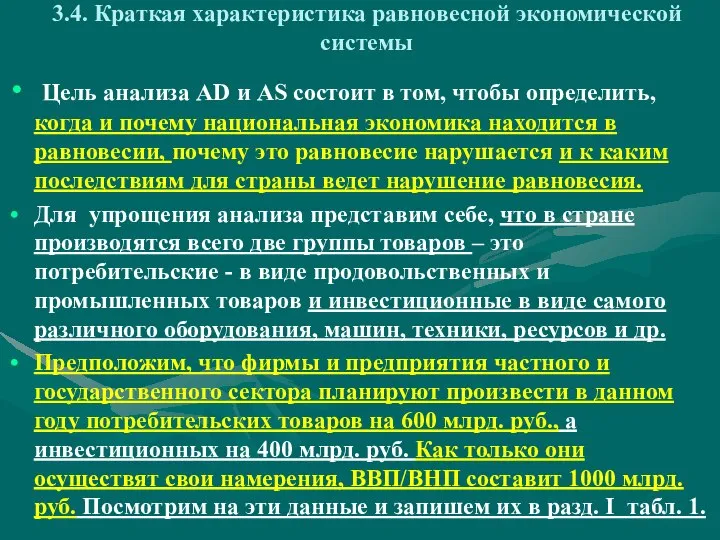 3.4. Краткая характеристика равновесной экономической системы Цель анализа AD и AS