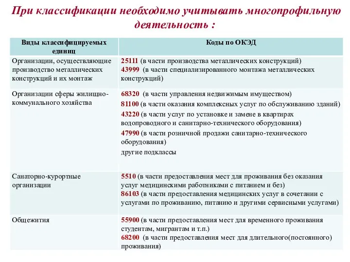 При классификации необходимо учитывать многопрофильную деятельность :