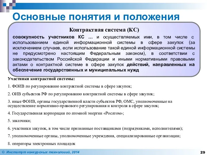 Основные понятия и положения Участники контрактной системы: 1. ФОИВ по регулированию