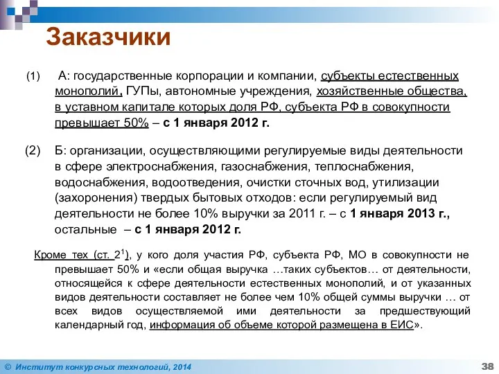 Заказчики А: государственные корпорации и компании, субъекты естественных монополий, ГУПы, автономные