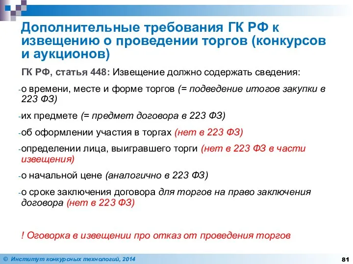 Дополнительные требования ГК РФ к извещению о проведении торгов (конкурсов и