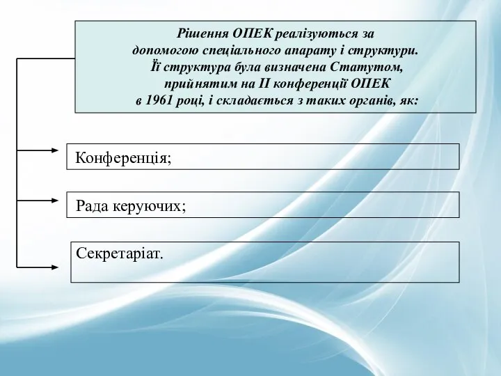 Рішення ОПЕК реалізуються за допомогою спеціального апарату і структури. Її структура