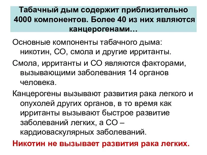 Табачный дым содержит приблизительно 4000 компонентов. Более 40 из них являются