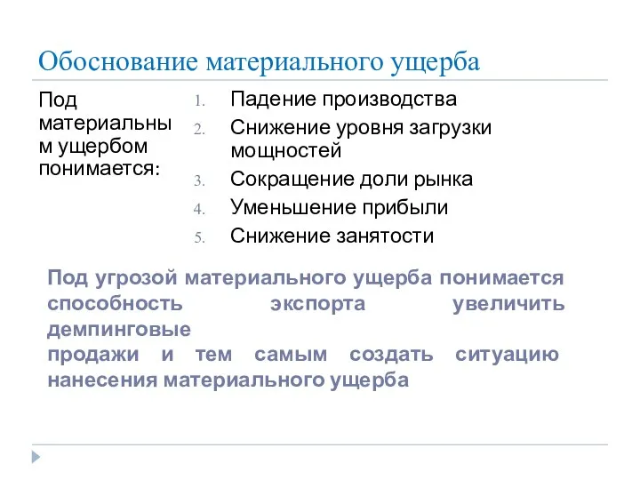 Обоснование материального ущерба Под материальным ущербом понимается: Падение производства Снижение уровня