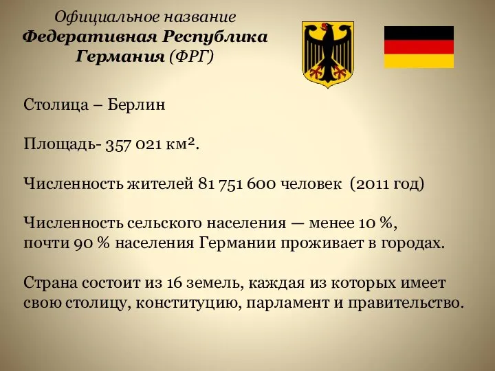 Официальное название Федеративная Республика Германия (ФРГ) Столица – Берлин Площадь- 357