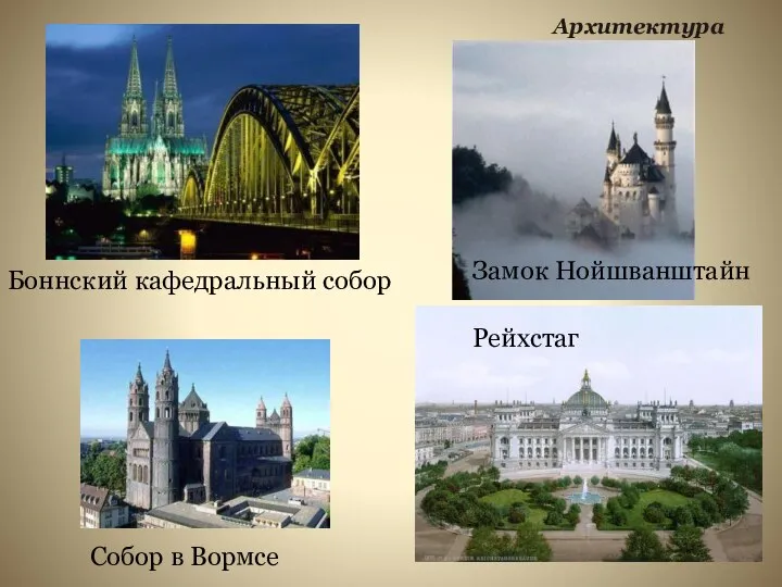 Боннский кафедральный собор Собор в Вормсе Рейхстаг Архитектура Замок Нойшванштайн