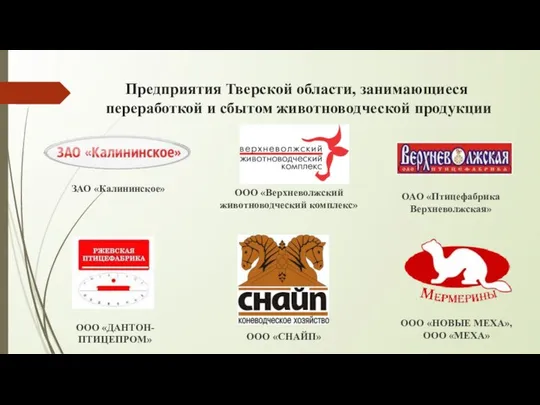 Предприятия Тверской области, занимающиеся переработкой и сбытом животноводческой продукции ЗАО «Калининское»