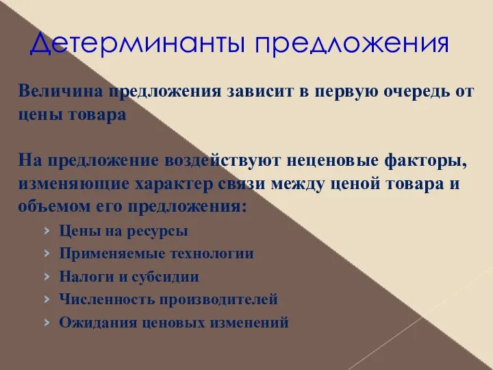 Детерминанты предложения Величина предложения зависит в первую очередь от цены товара