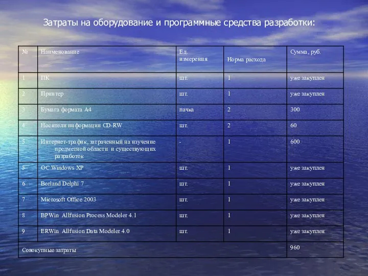 Затраты на оборудование и программные средства разработки: