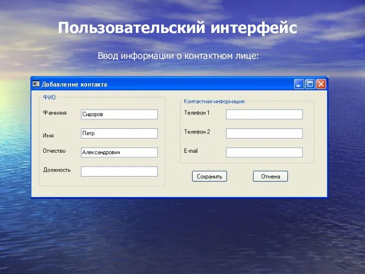Пользовательский интерфейс Ввод информации о контактном лице: