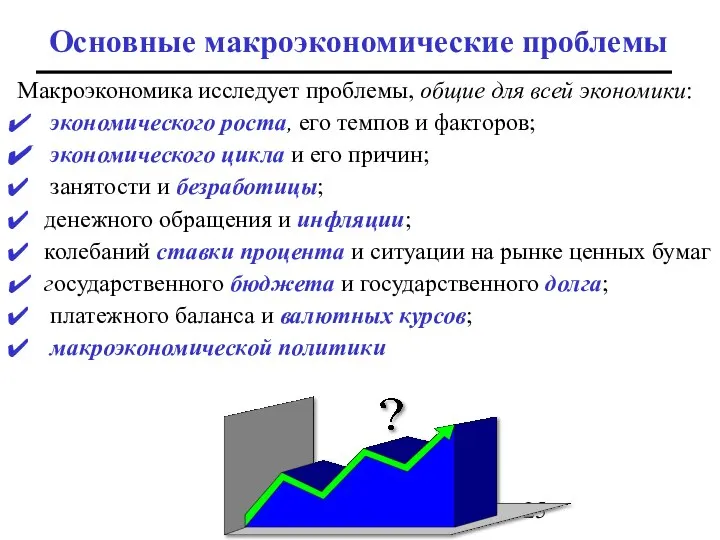 Основные макроэкономические проблемы Макроэкономика исследует проблемы, общие для всей экономики: экономического