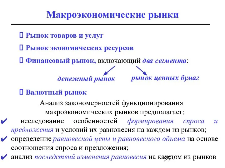 Макроэкономические рынки Анализ закономерностей функционирования макроэкономических рынков предполагает: исследование особенностей формирования