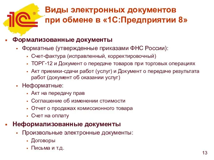 Виды электронных документов при обмене в «1С:Предприятии 8» Формализованные документы Форматные