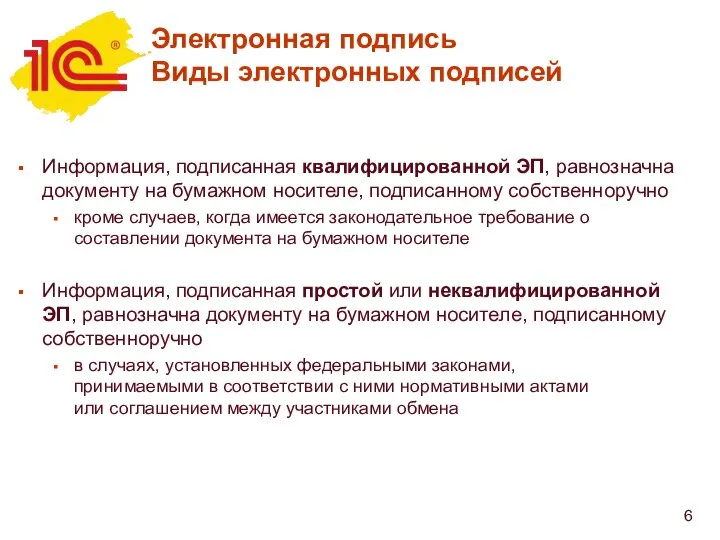 Электронная подпись Виды электронных подписей Информация, подписанная квалифицированной ЭП, равнозначна документу