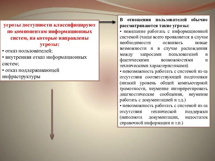 угрозы доступности классифицируют по компонентам информационных систем, на которые направлены угрозы: