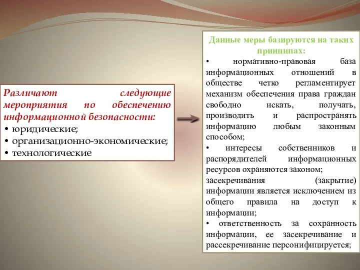 Различают следующие мероприятия по обеспечению информационной безопасности: • юридические; • организационно-экономические;